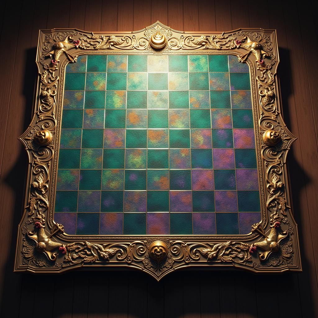 Ornate Chessboard with Mythical Creatures in Fantasy Realm
