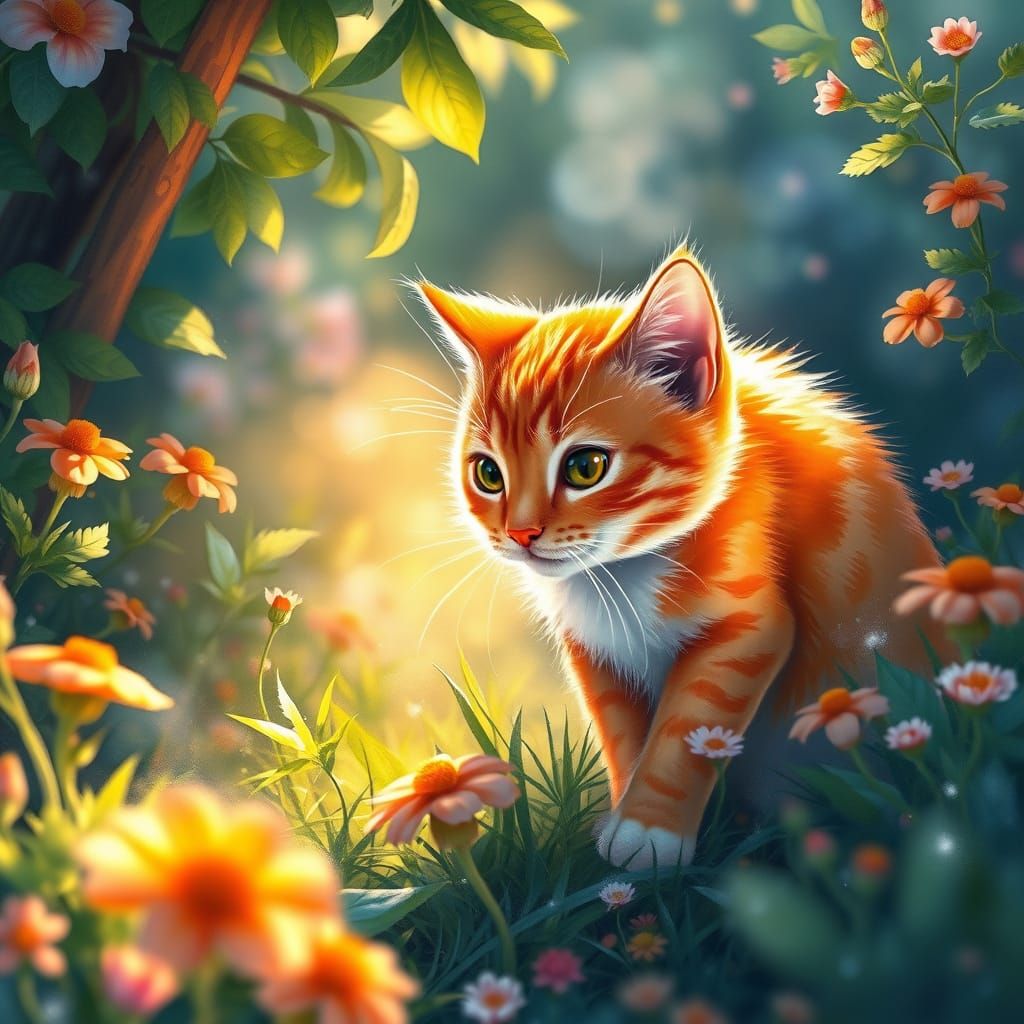 Vibrant Orange Cat Explores Whimsical Morning Garden in Wate...