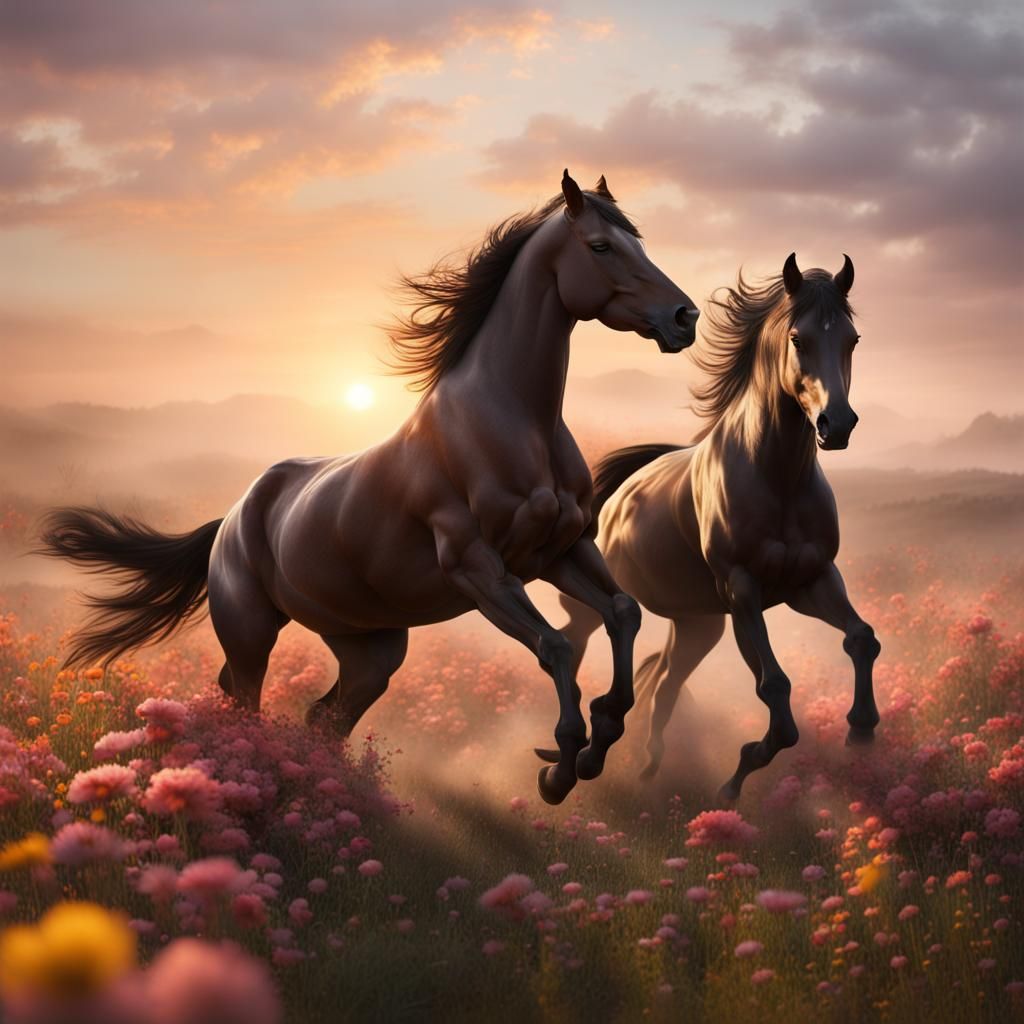 Stallions Clash in Floral Field: Epic Digital Painting