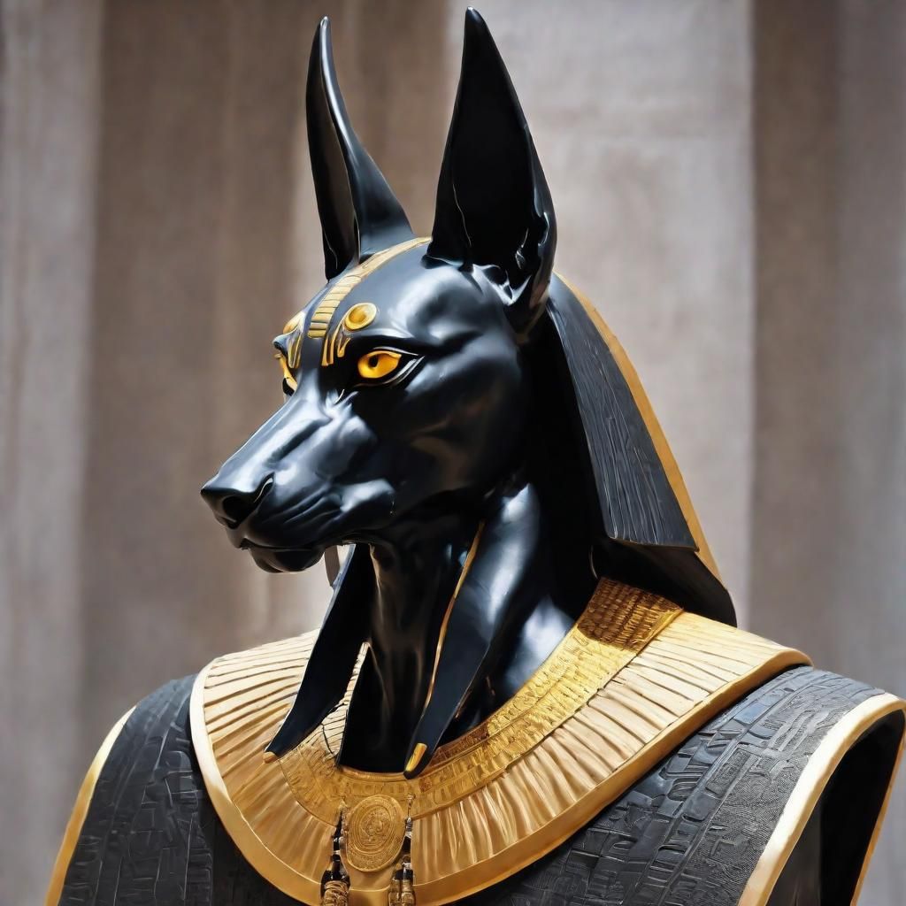 The god anubis, Black Statue with golden eyes, Porträt, realistic, proportions, background pyramids