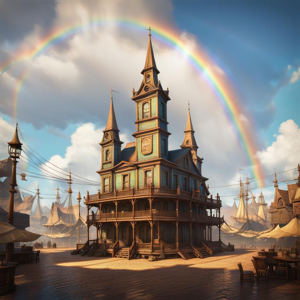 Old West Airship Town Square in Detailed Matte Painting