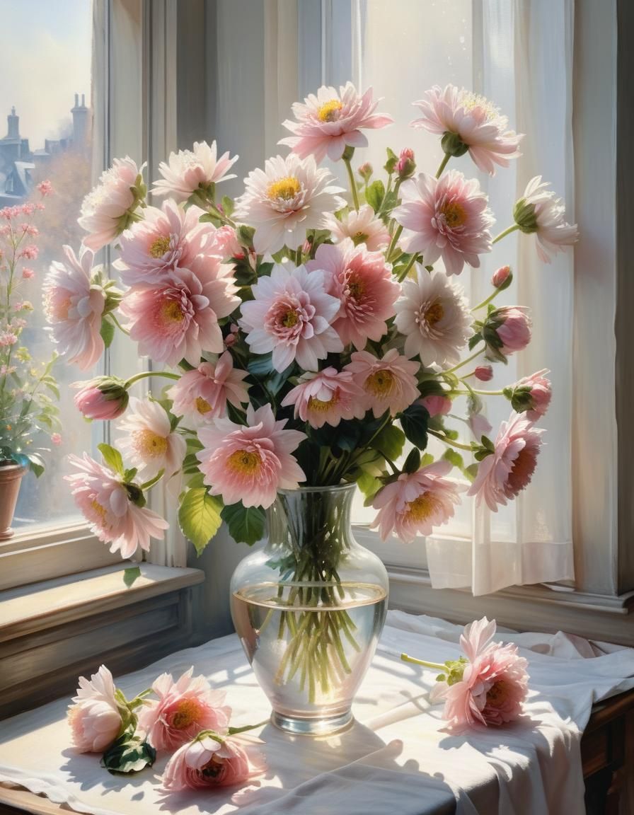 Ethereal Pink Flowers Still Life in Impressionist Style