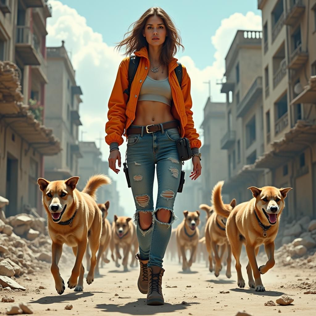 Woman Walks Through War-Torn City in Matte Painting Style