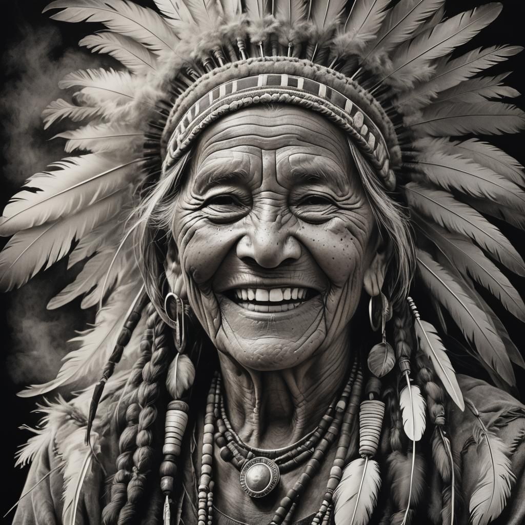 Native American Woman Portrait in Charcoal Art Style