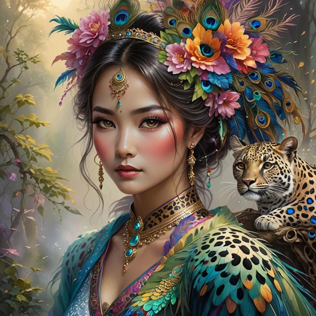 Asian Woman with Peacock Feathers in Ethereal Style