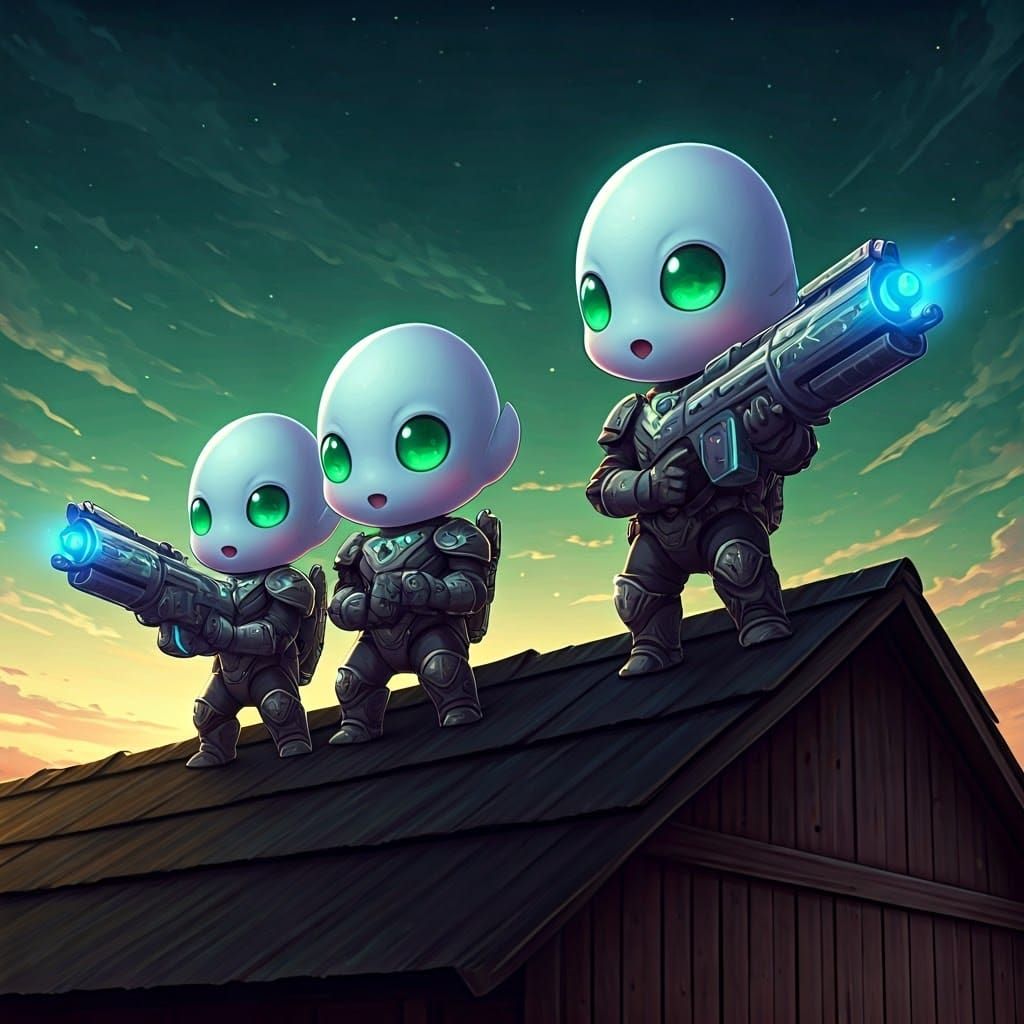 Vibrant Aliens in Futuristic Armor atop a Farm Barn at Sunse...