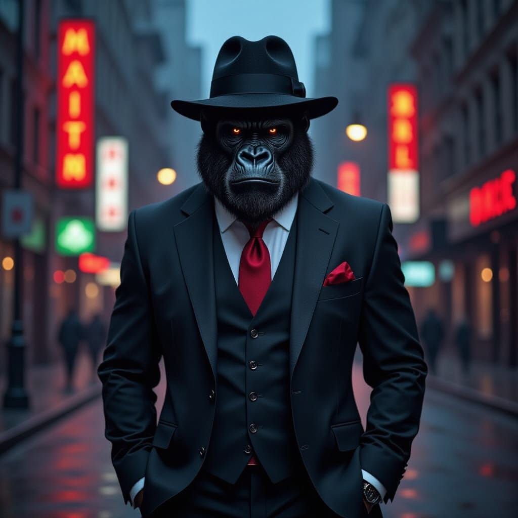 Dignified Gorilla in Suit and Fedora on City Street