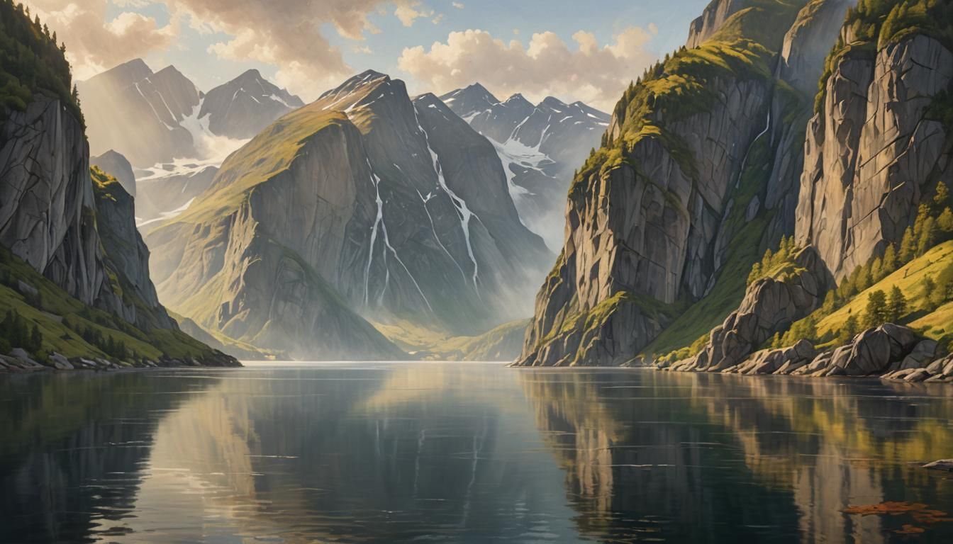 Majestic Norwegian Fjord: Impressionist Oil Painting
