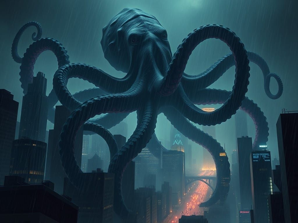 Lovecraftian Octopus Devours City in Gothic, Biomechanical N...