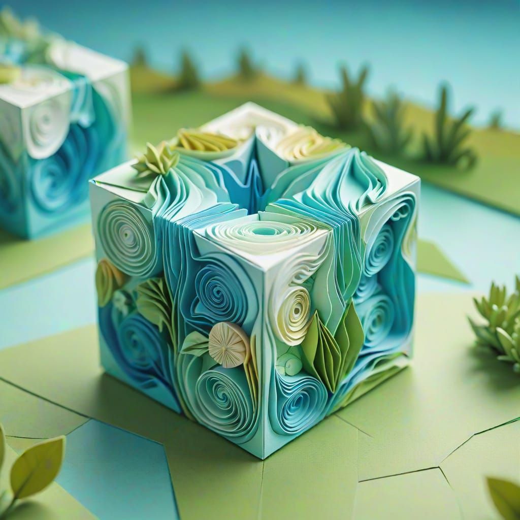 Papercraft Cube with Water and Land in Origami Style
