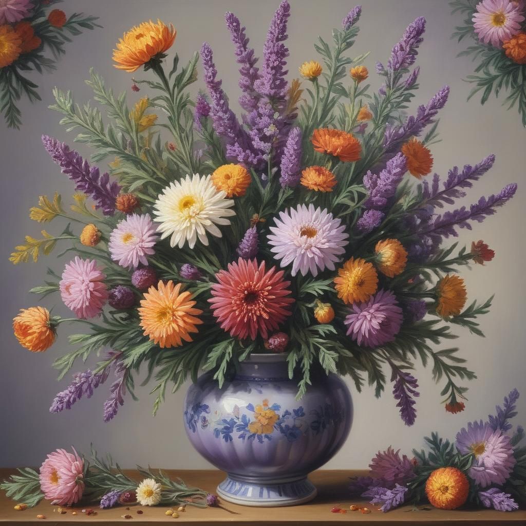 Purple Floral Still Life in Gouache Style