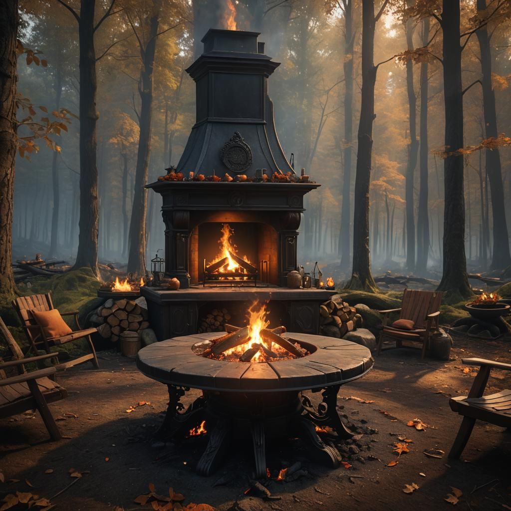 Burning Fireplace in Forest House: Fantasy Concept Art