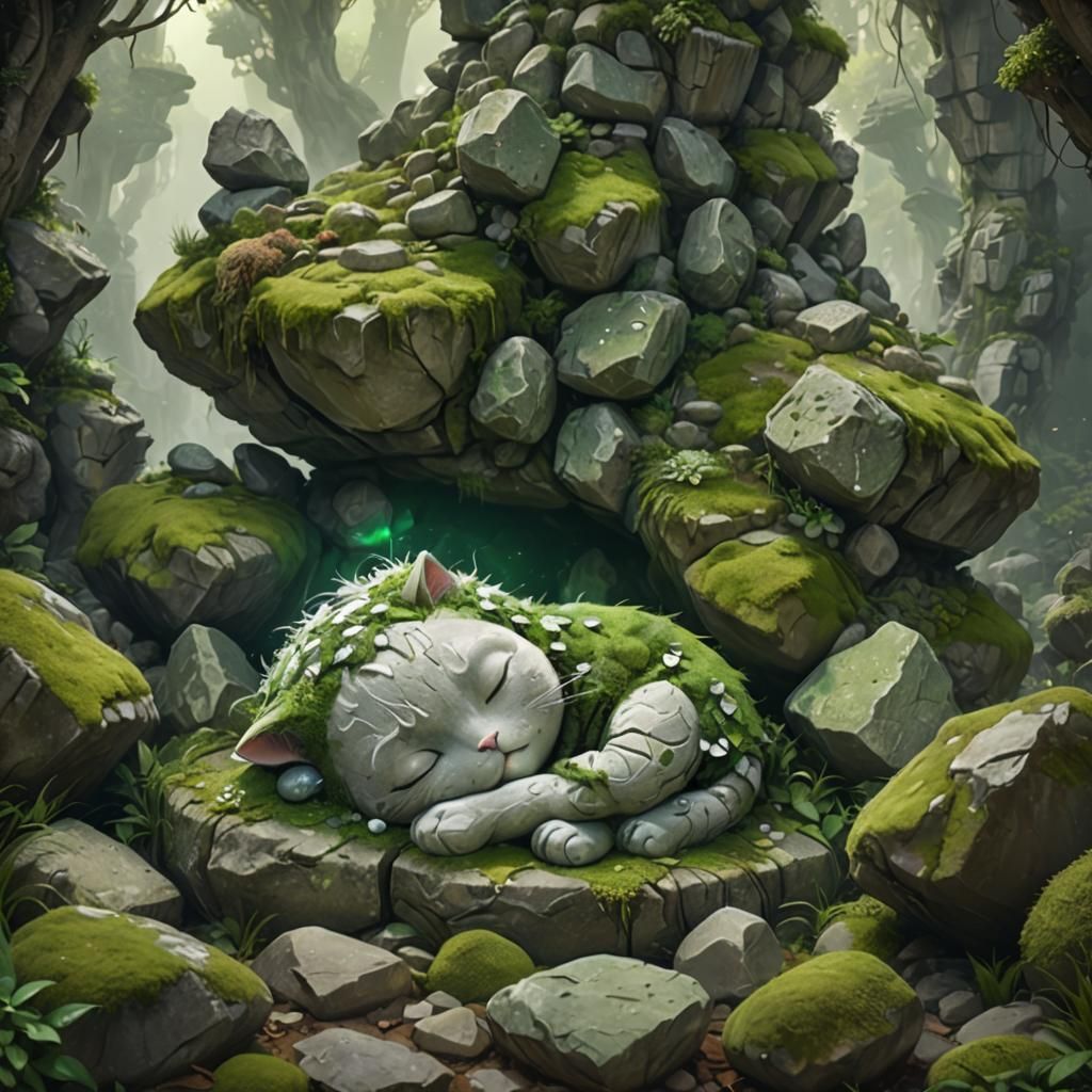 sleeping chibi rock cat golem in the stone forest covered in overgrowth; iridescent green gray white; green woods, rocks...