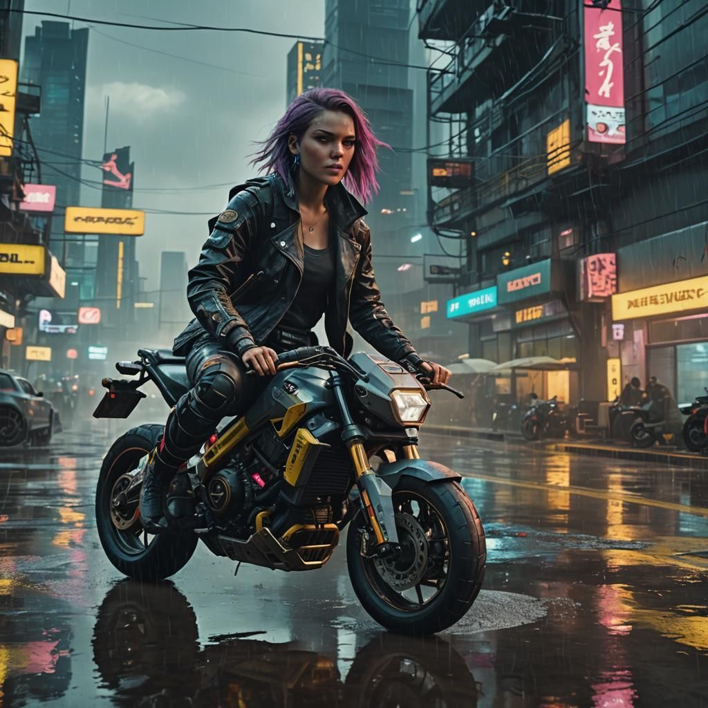 Cyberpunk Girl on Floating Motorcycle in Rain