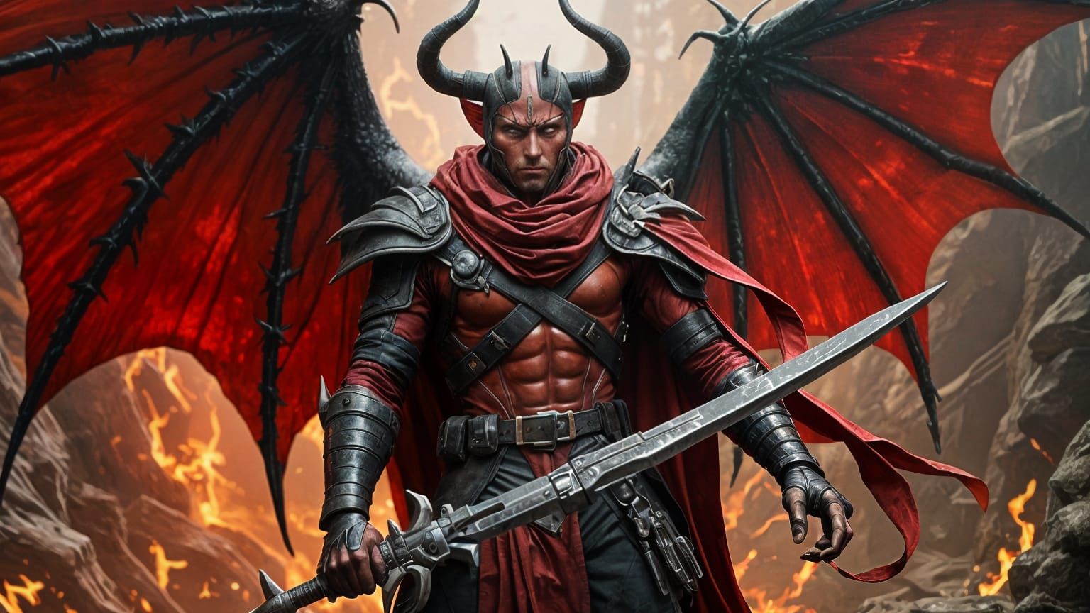 Tiefling Warrior in Hellscape with Obsidian Sword