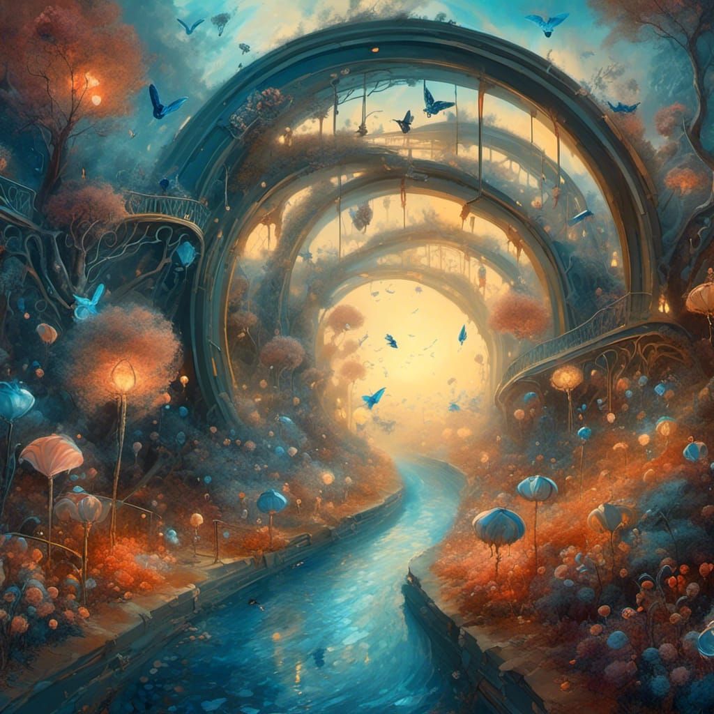 Ethearal misty surrealist dreamscape, rollercoaster, tunnel, flying cat <lora:G-Core:1.0>