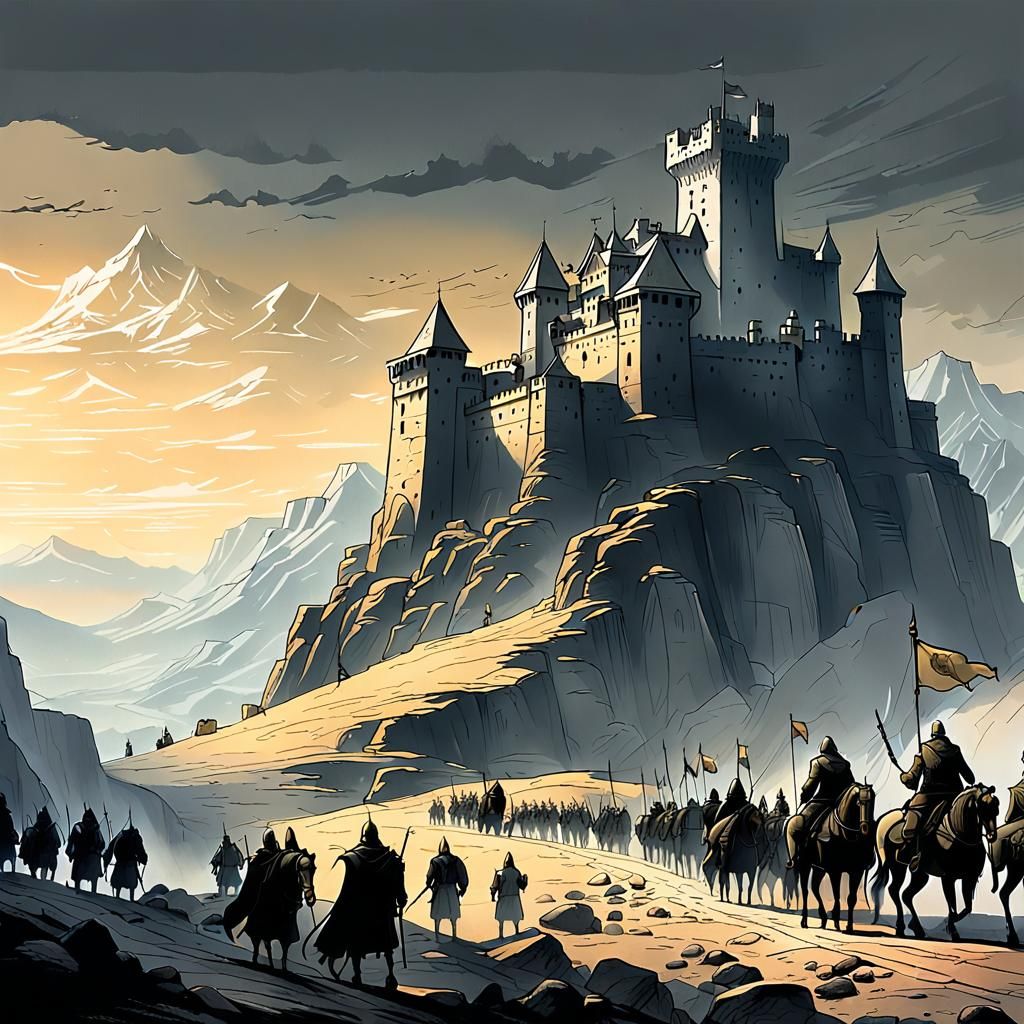 Medieval Mountain Castle Concept Art in Silver Ink