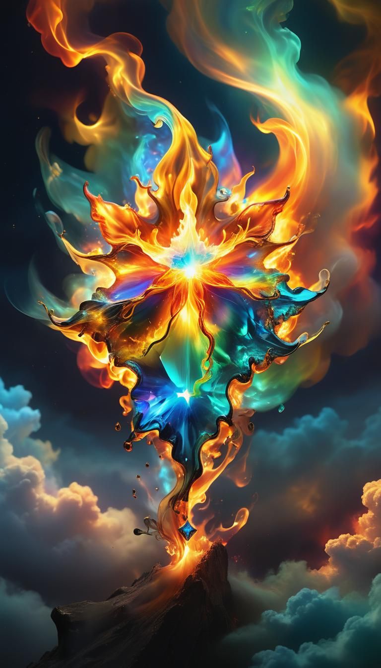 Rainbow Fire Elemental Star Gemstone in Surreal Style
