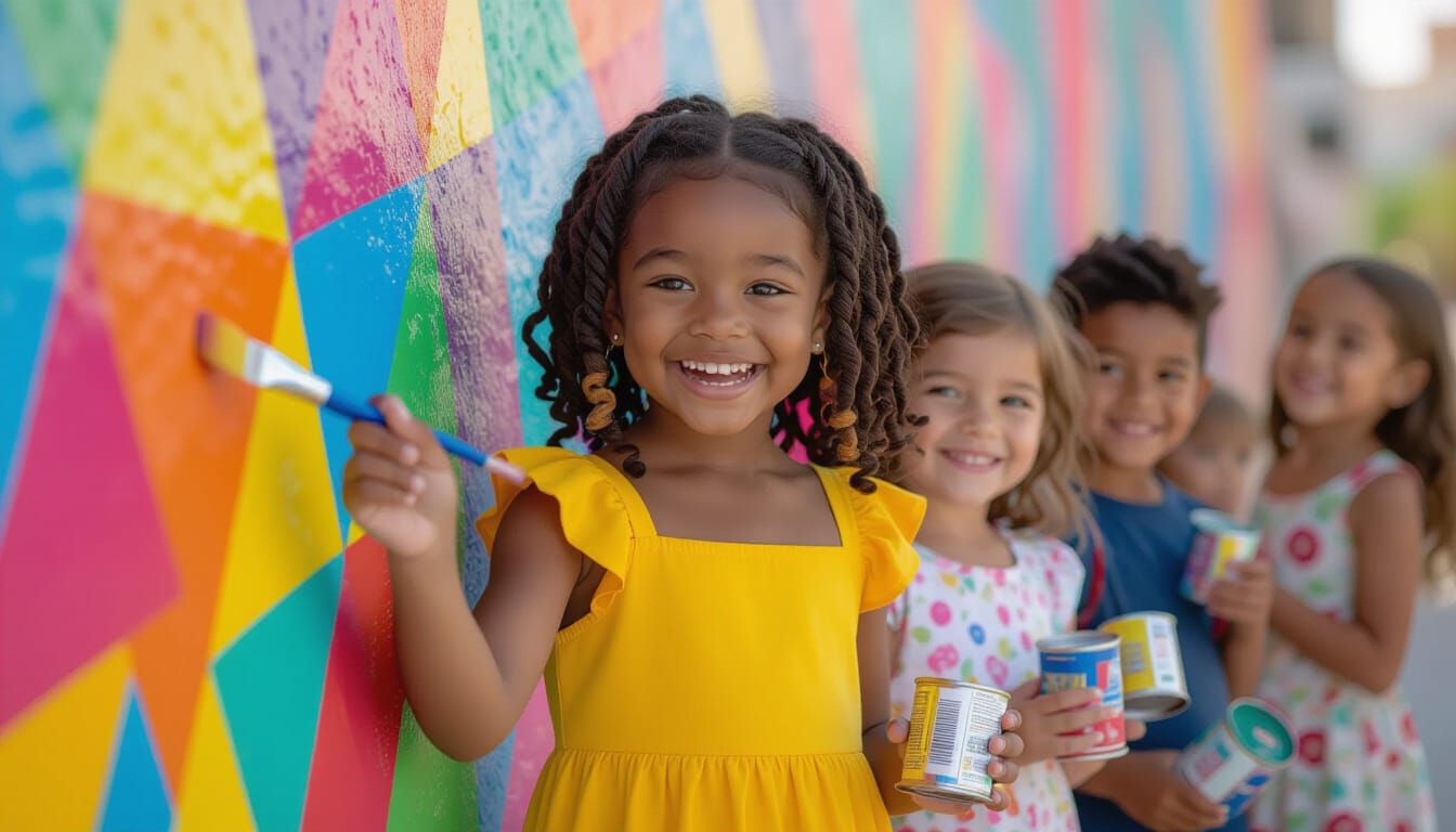 Children Painting Mural in Watercolor and Airbrush Style