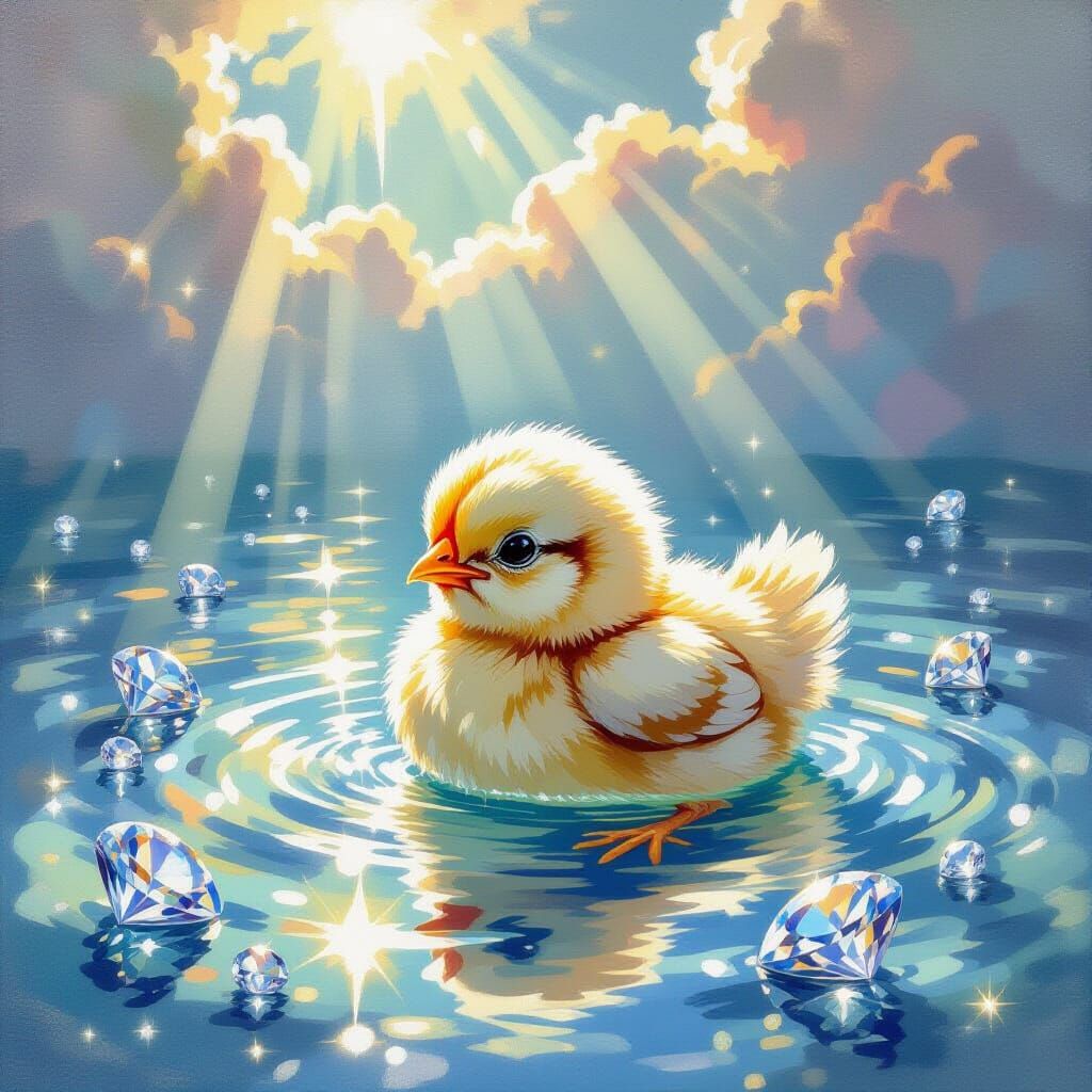 Fluffy Chick Swims in Sparkling Diamond Pool