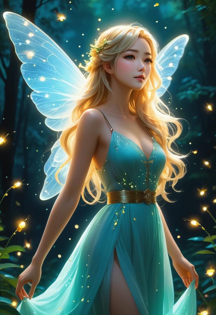 Ethereal Fairy with Fireflies in Anime Style