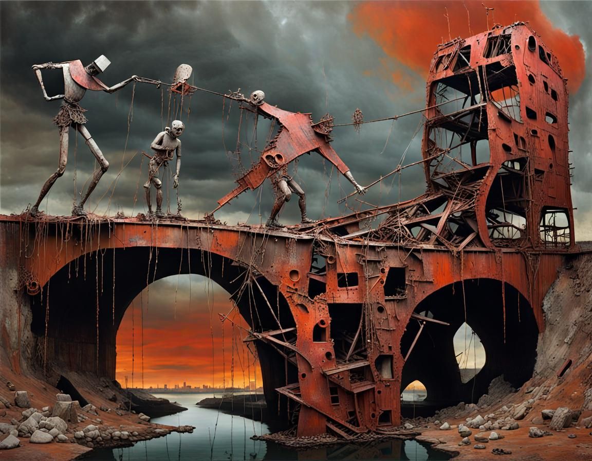 Surreal Collapsed Bridge Dreamscape in Abstract Style