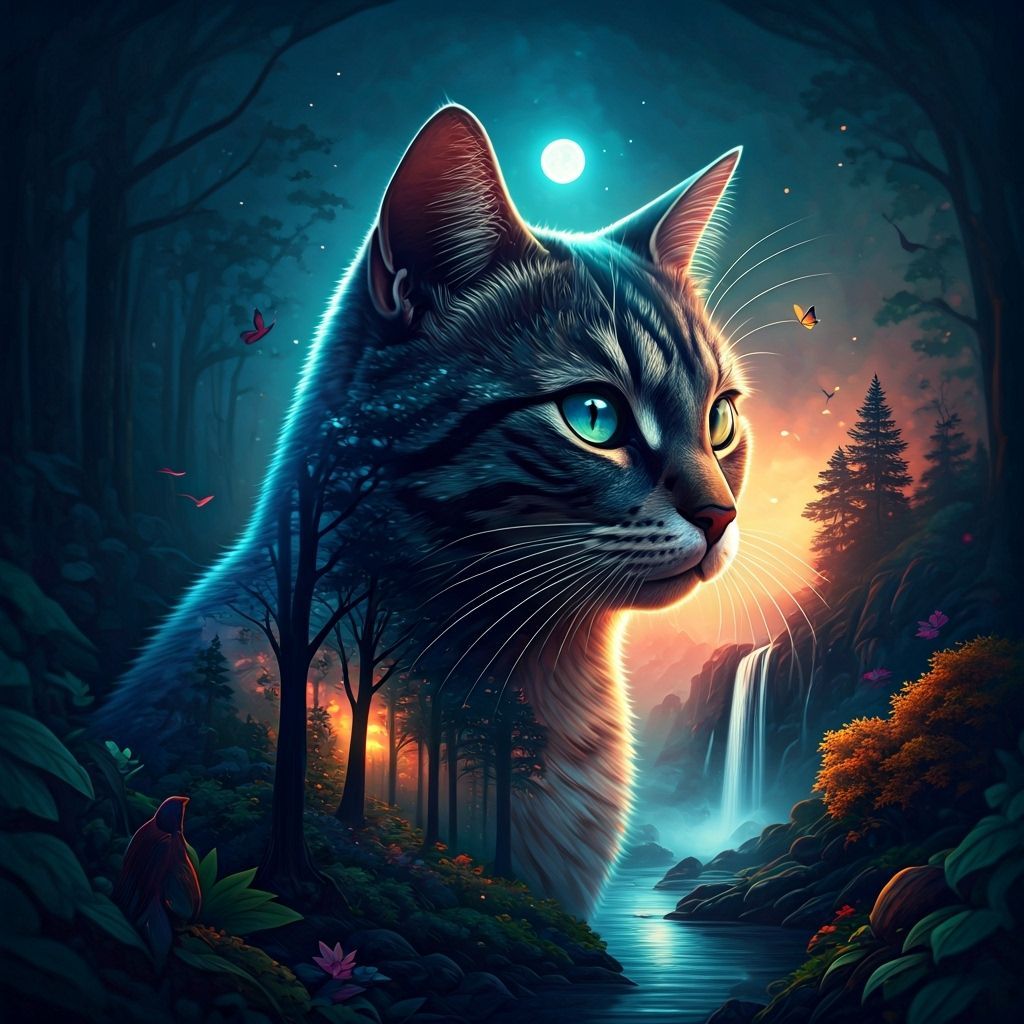 Mystical Cat Silhouette with Enchanted Forest Scene