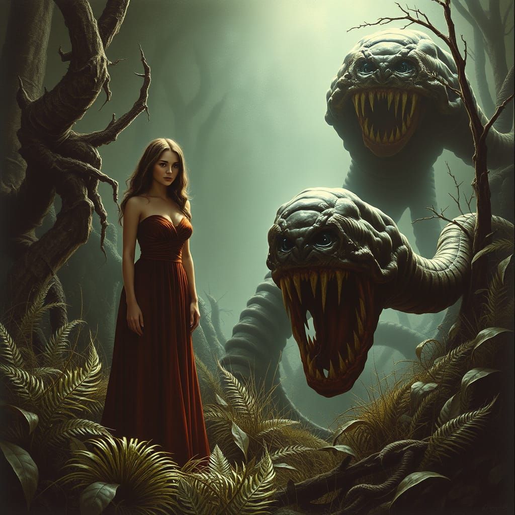 Woman Confronts Spineblade Slitherer in Mystical Setting