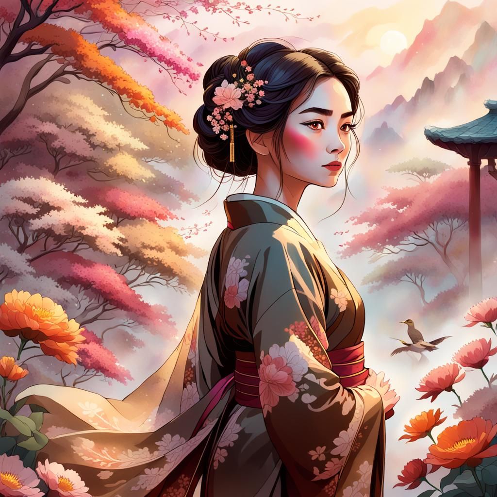 Woman in Kimono Amongst Flowers, Impressionistic Style