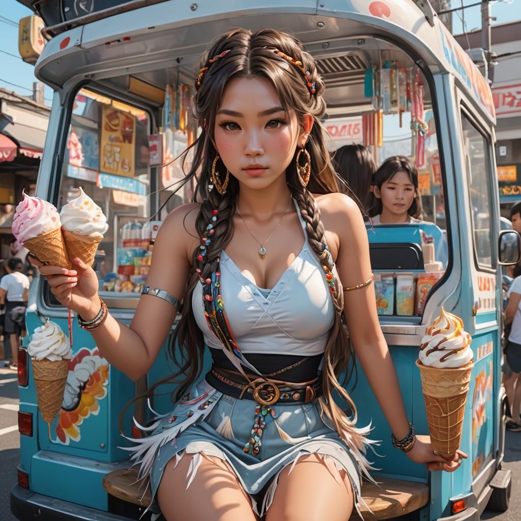 Japanese Woman on Ice Cream Truck, Detailed Portrait