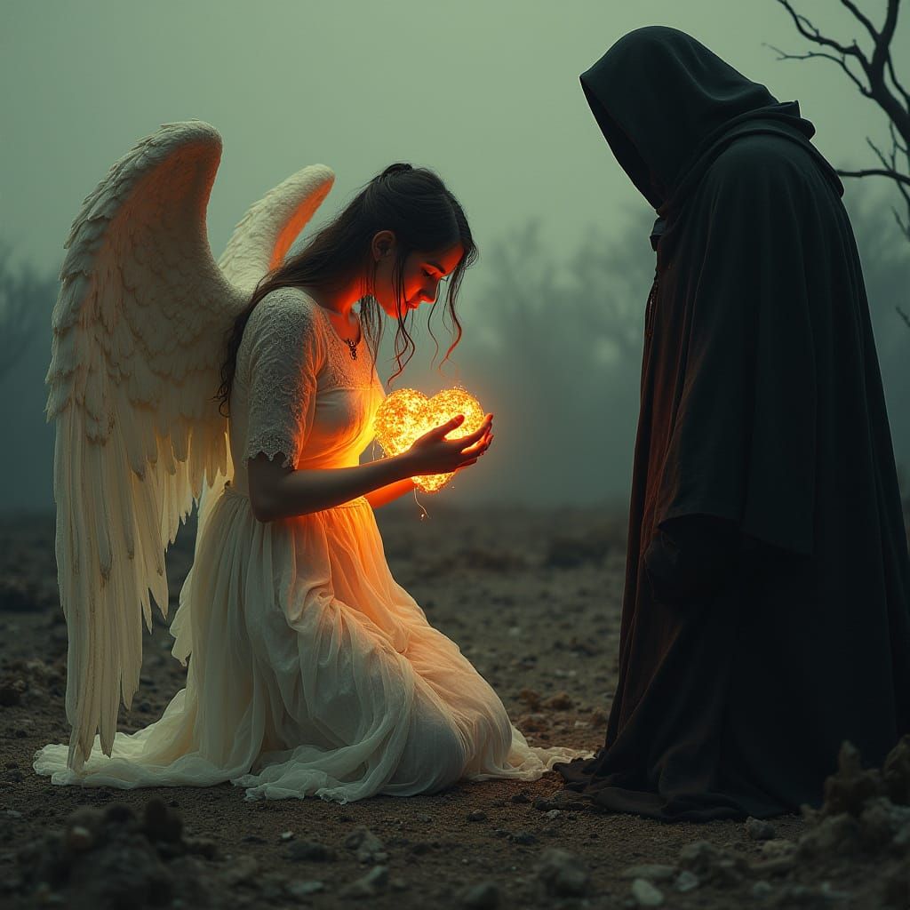 Sorrowful Angel Offering Heart in Gothic Wasteland