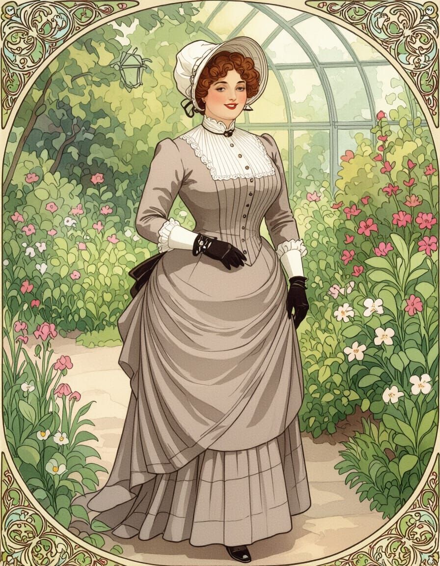 Victorian Woman in Botanic Garden, Watercolor Art