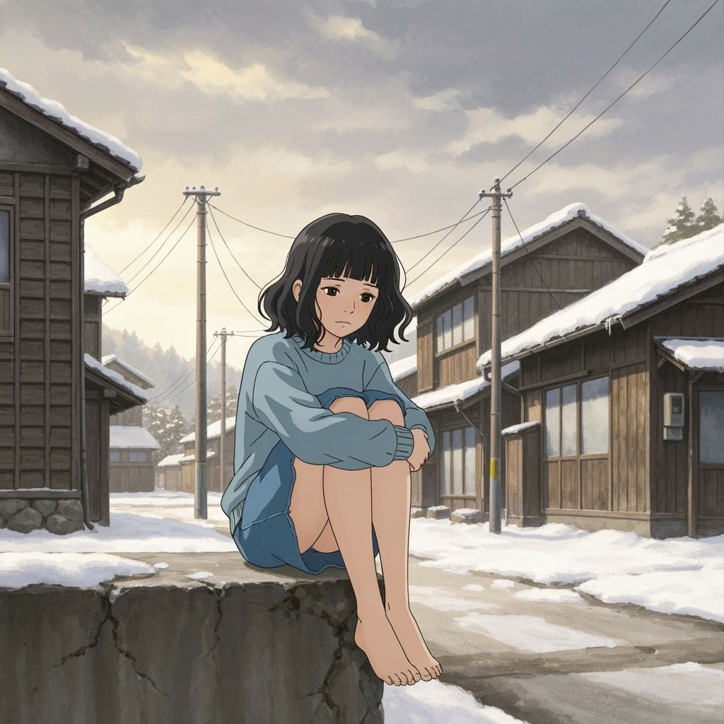 Melancholic Woman in Snowy Japanese Village, Ghibli Style