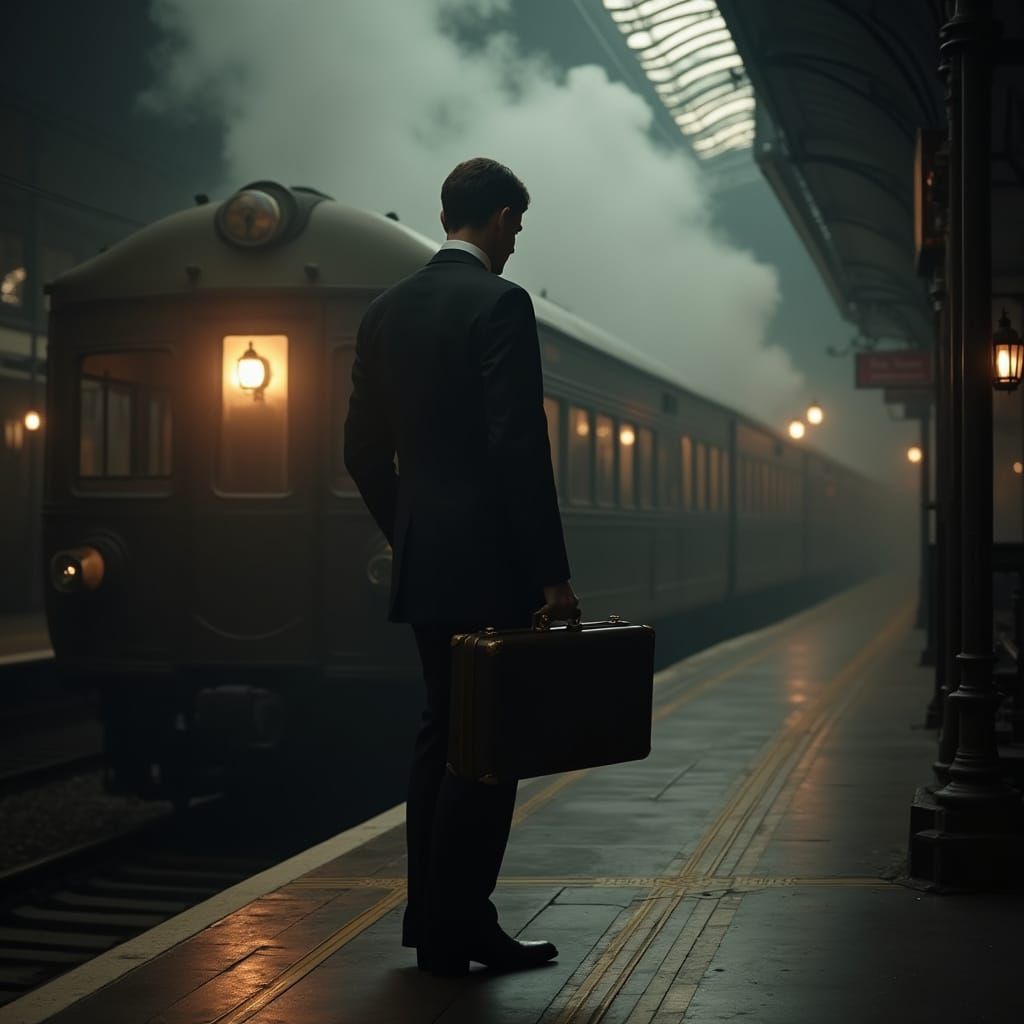 Film Noir: Man with Briefcase on Train Platform
