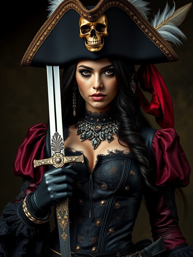 Gothic-Baroque Pirate Queen in Lavish Black and Gold Attire