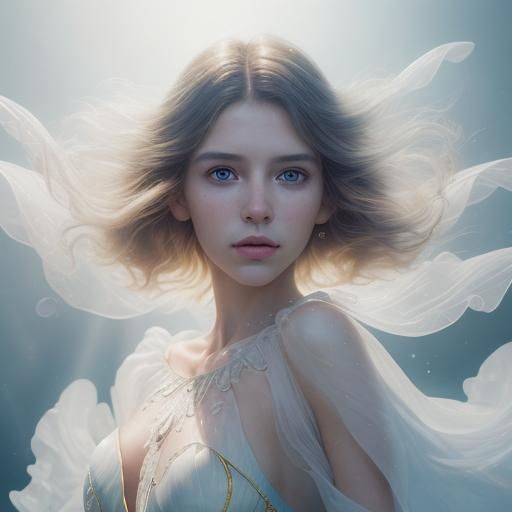 finely detailed beautiful scaled woman standing in a submarine palace decorated with furnishings reminiscent of the trop...