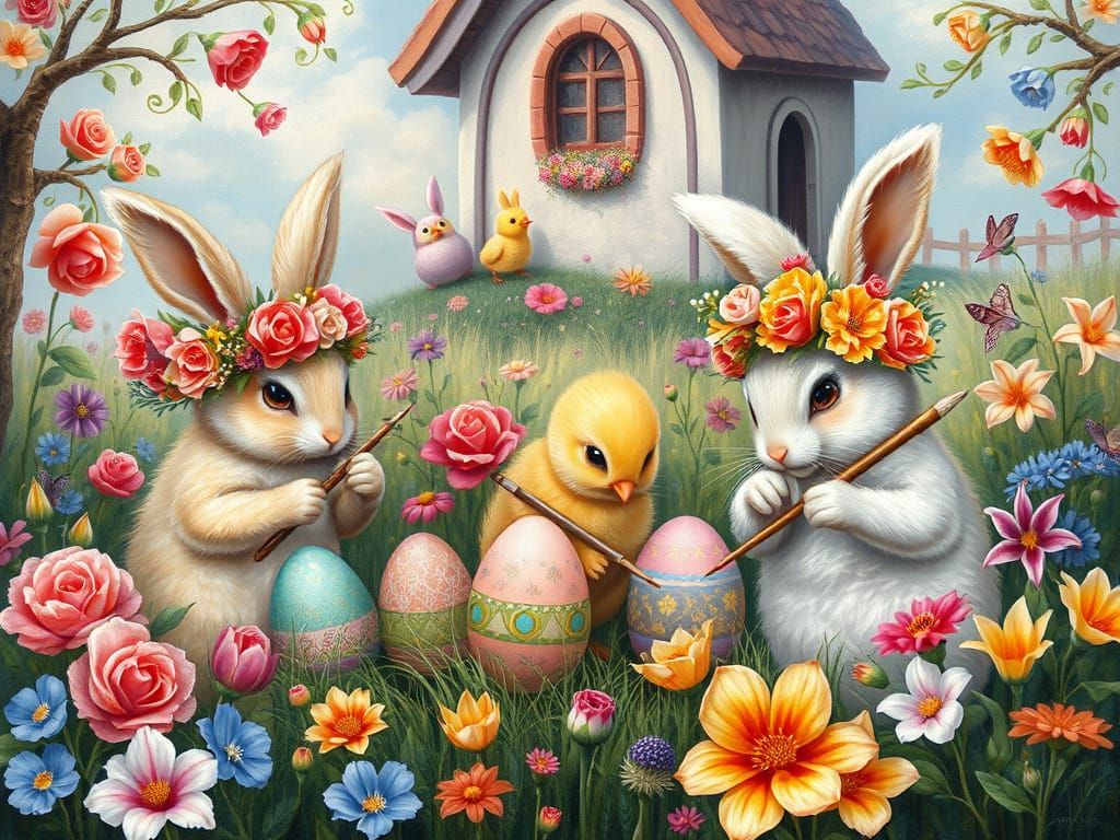 Easter Bunnies Painting Eggs in Dreamlike Meadow