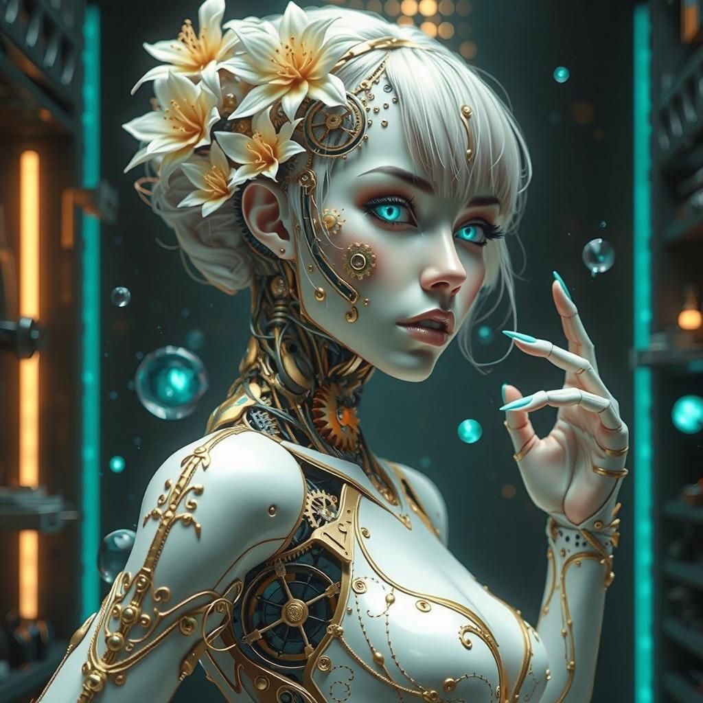 Robotic Woman Portrait with Intricate Mechanical Details