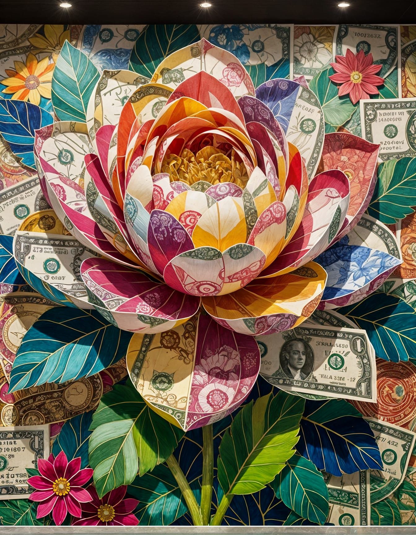 Floral Currency Mural: Vibrant Mosaic Art