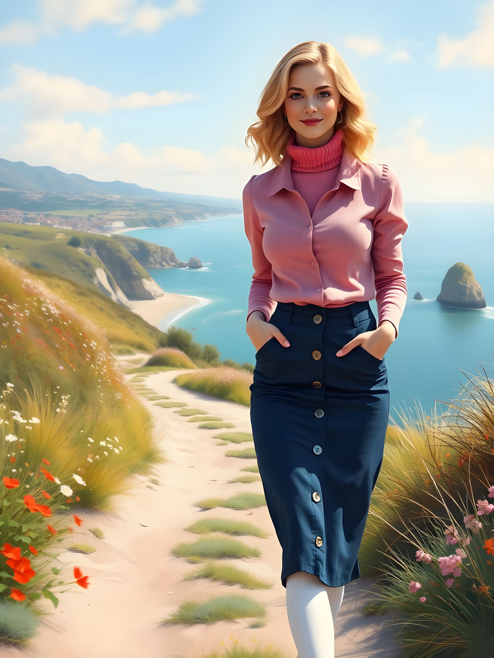 Elegant Woman in Spring Landscape: Detailed Painting