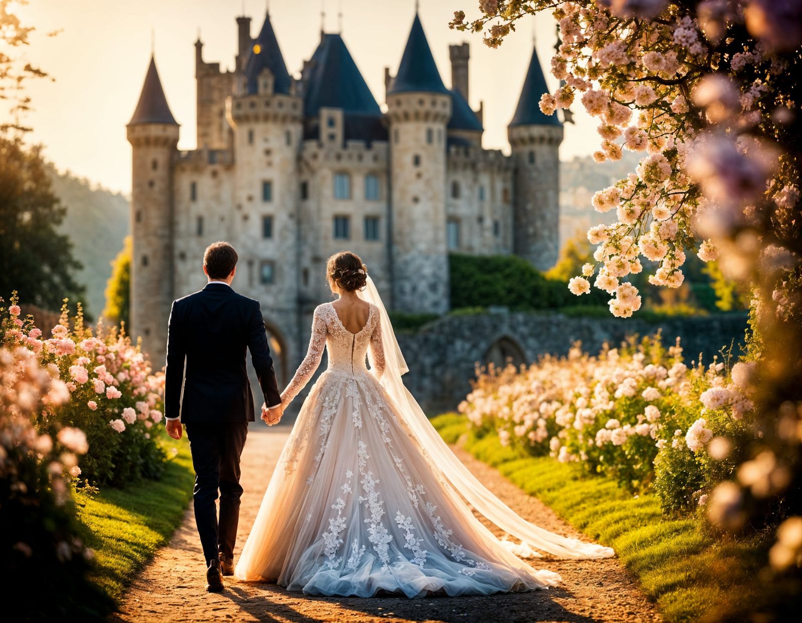 Bride and Groom Walking in Front of Castle