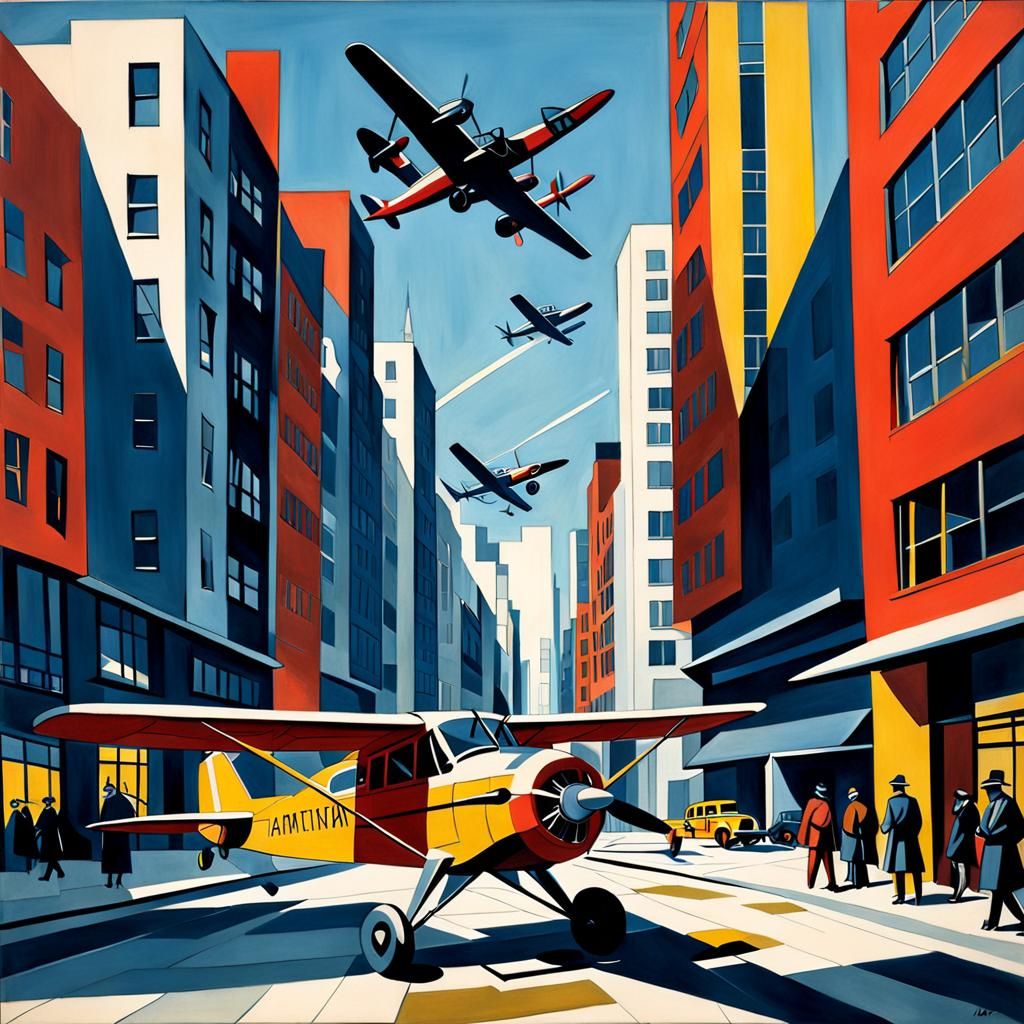 Airplanes Over City in Vorticist Style