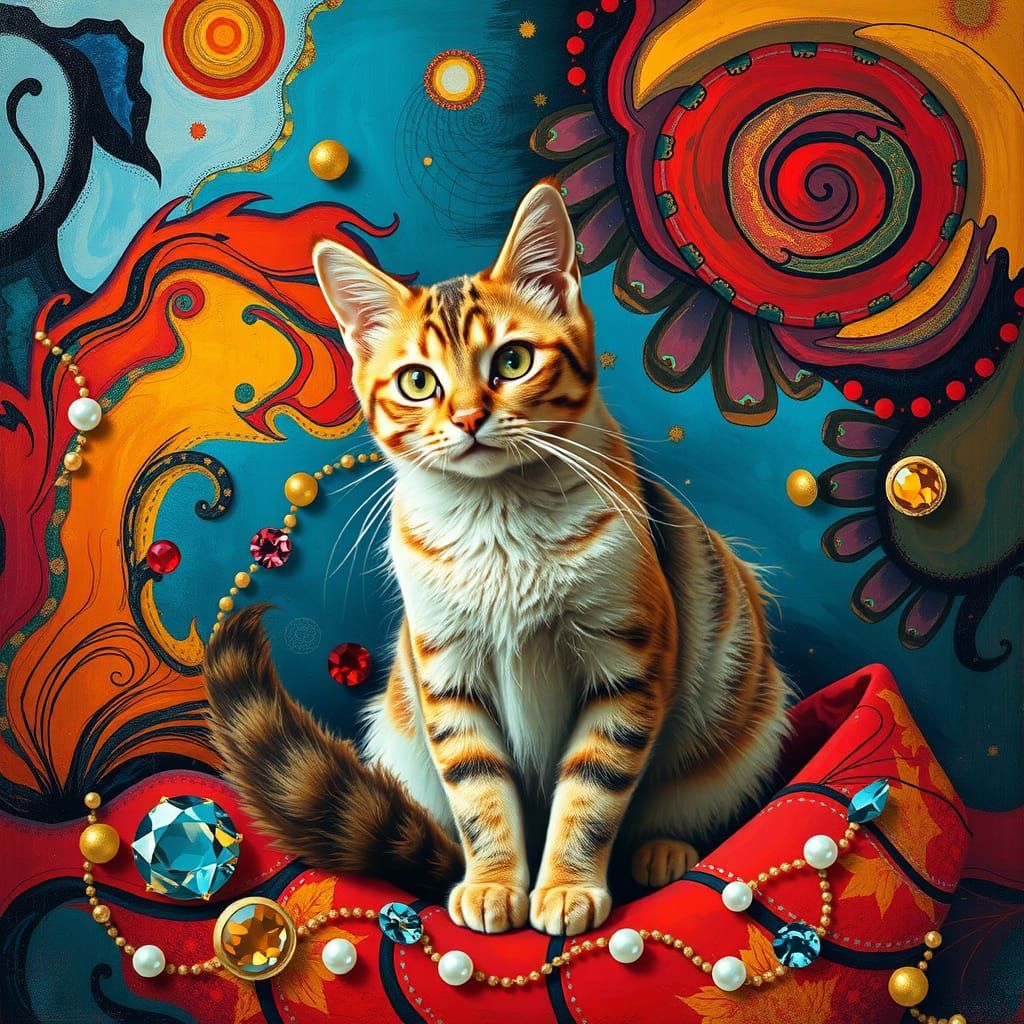 Vibrant Cat in Abstract, Dreamlike Landscape