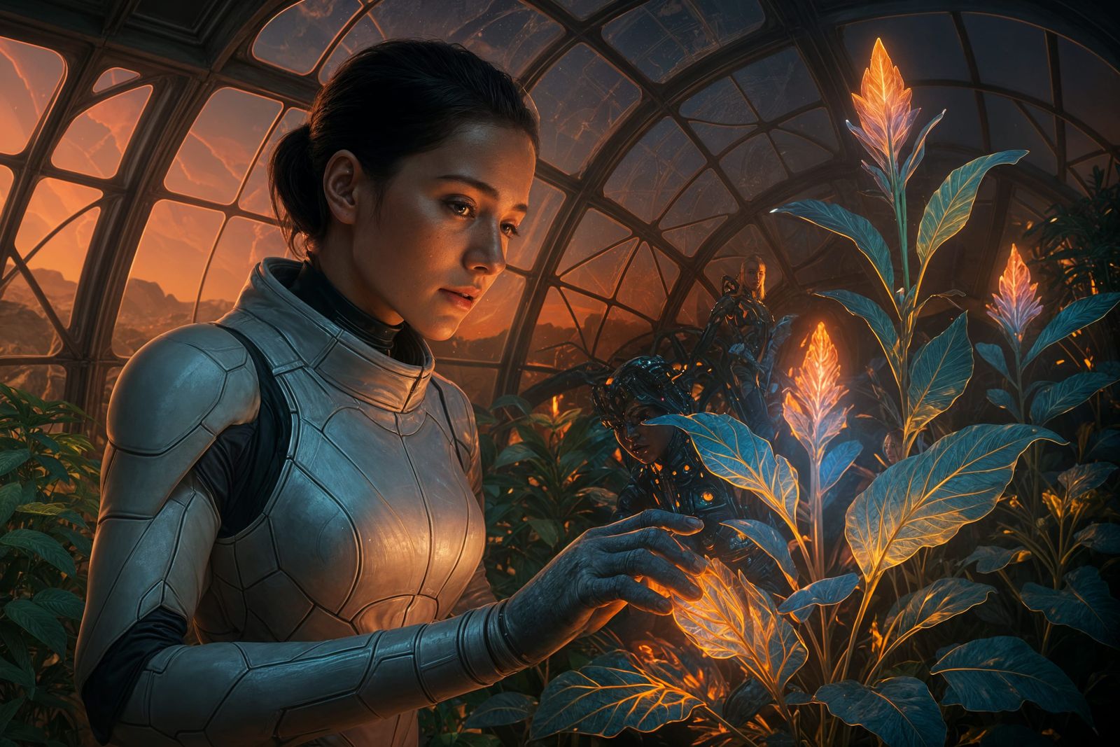 Futuristic Botanist Tends to Glowing Plants in Mars Biodome