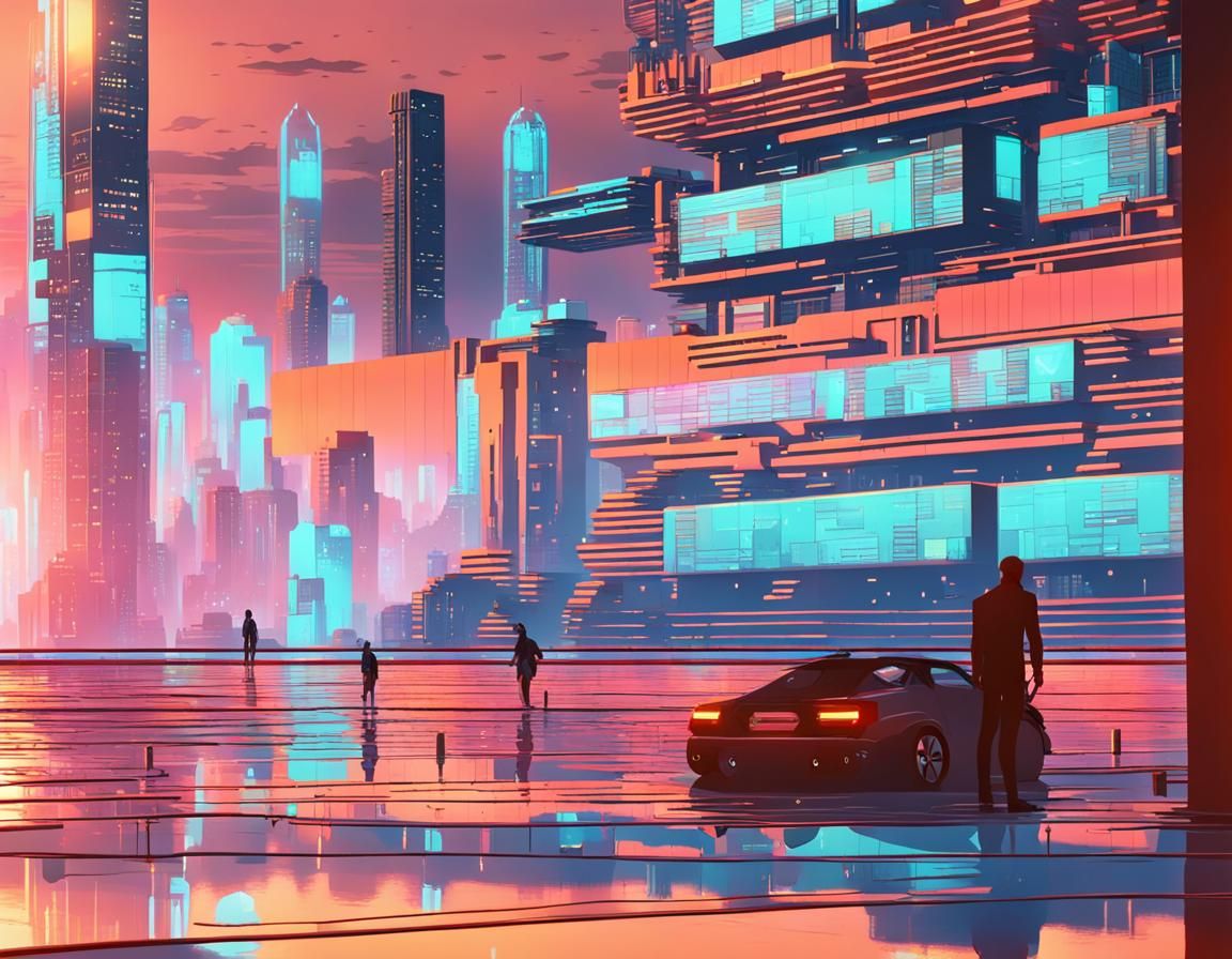 Cyberpunk Cityscape with Binary Sunset