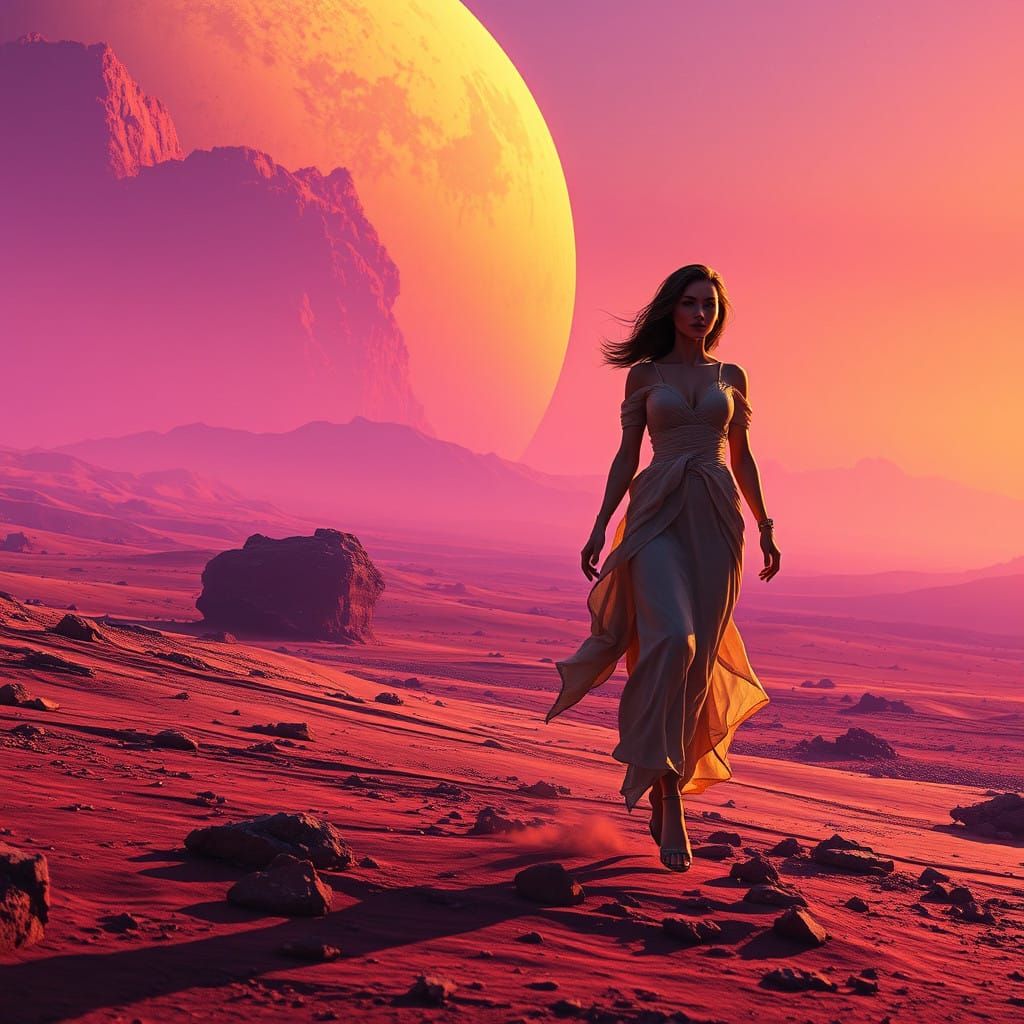 Surreal Futuristic Goddess Walks on Barren Red Planet in Cyb...