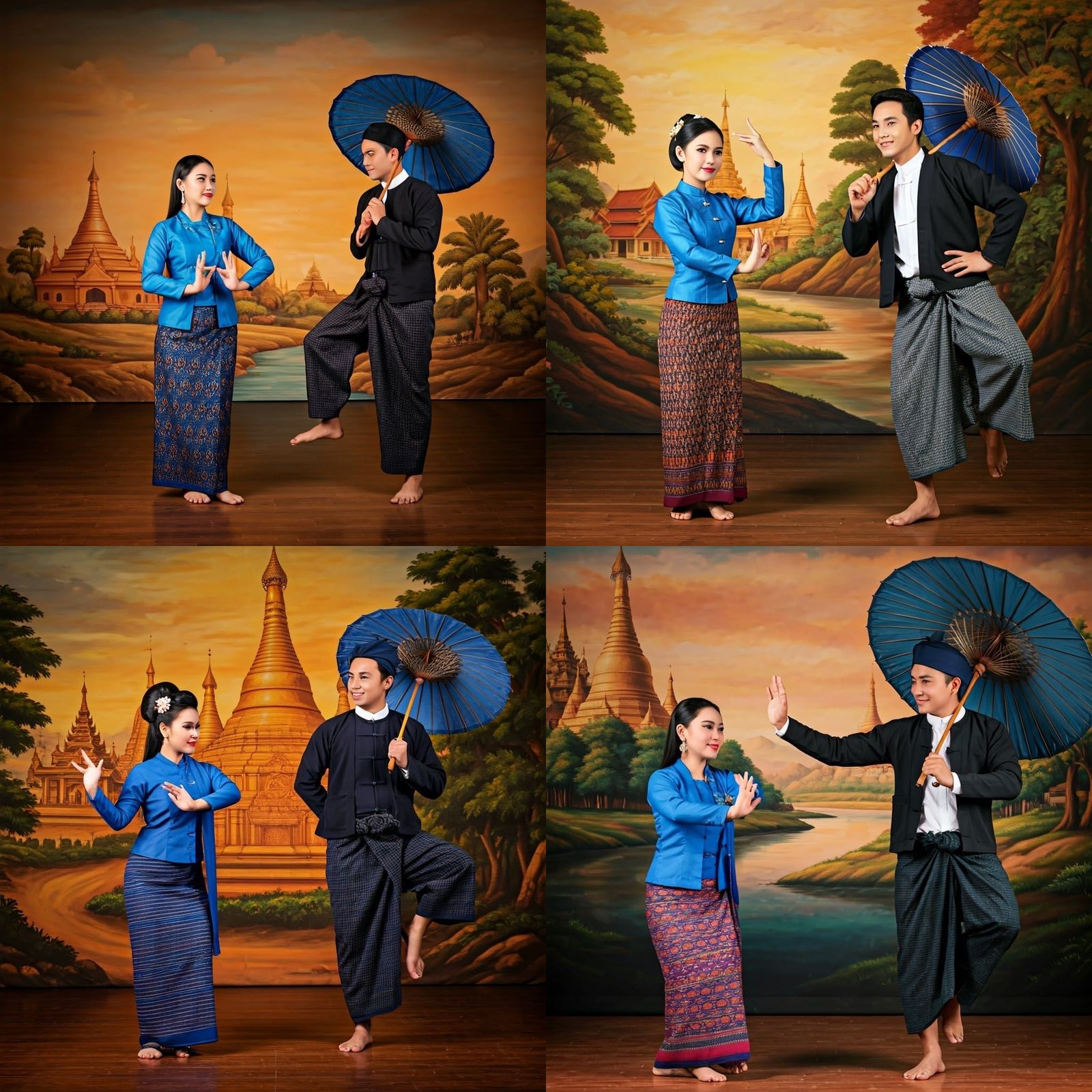 Festive Burmese Dance Scene in Traditional Attire