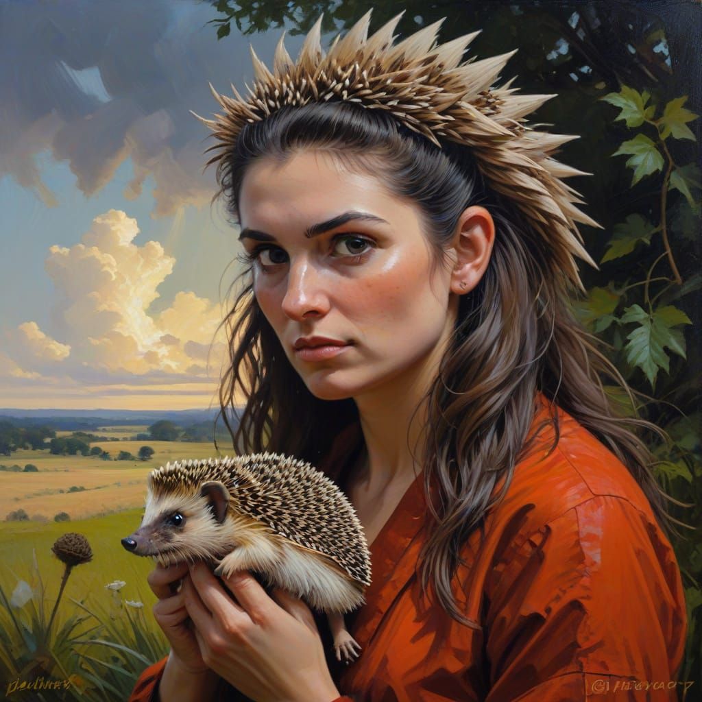 Hedgehog Woman in Oil Painting