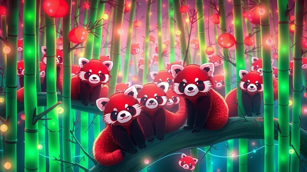 Red Pandas in Neon Fiberoptic Bamboo Forest
