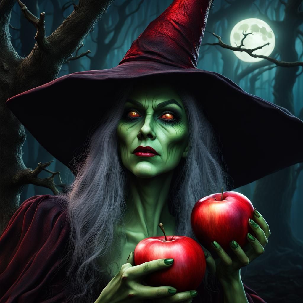 Wicked Witch in Dark Forest with Poisoned Apple